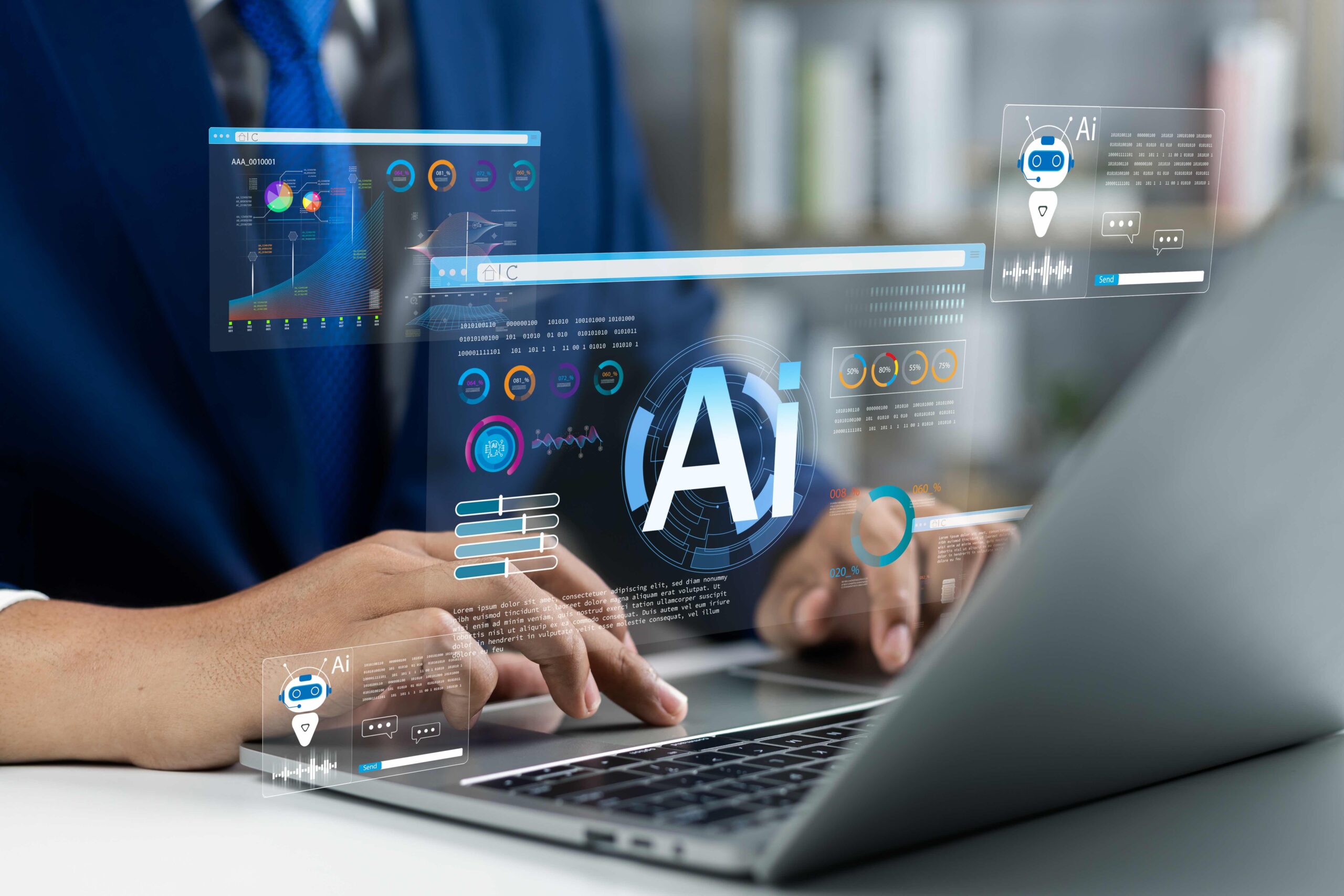 Hands typing on a laptop with floating AI dashboards and a small robot hologram nearby.